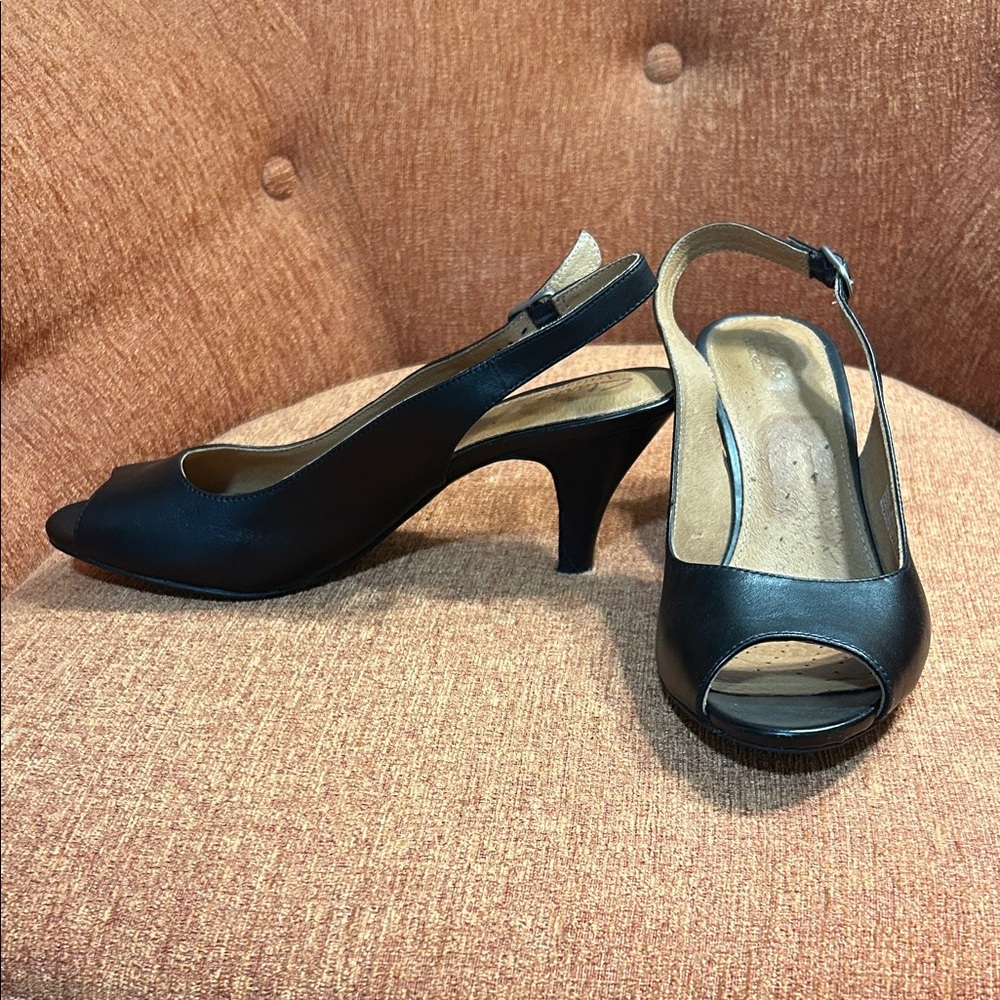 Clarks Black Peep Toe Slingback Heels